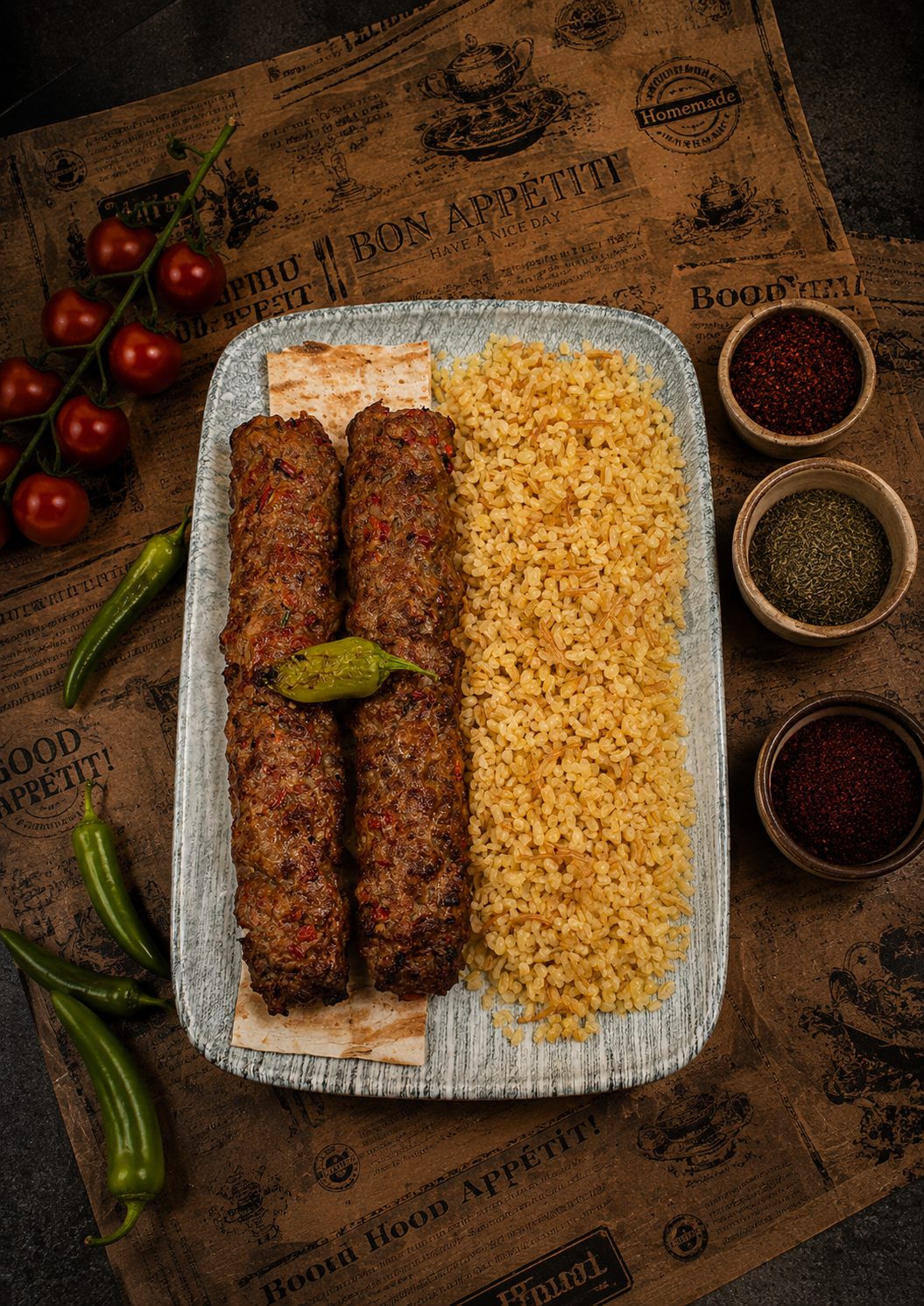 Adana kebab with bulgur and grilled pepper